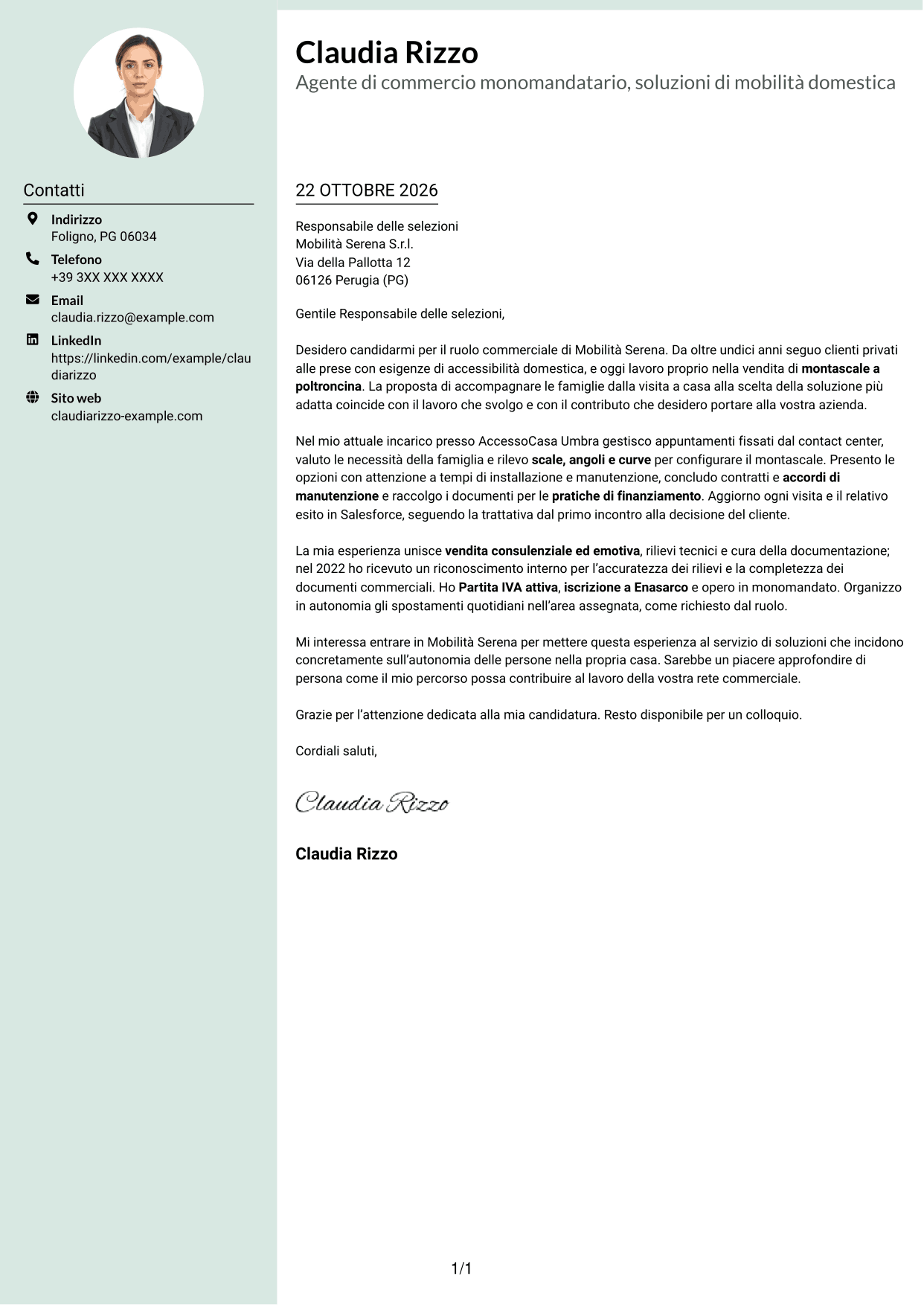 Lettera di presentazione Dirigente (formato con colonna laterale tenue e foto arrotondata): Agente di Commercio B2C - Soluzioni di Mobilità Domestica, pagina 1