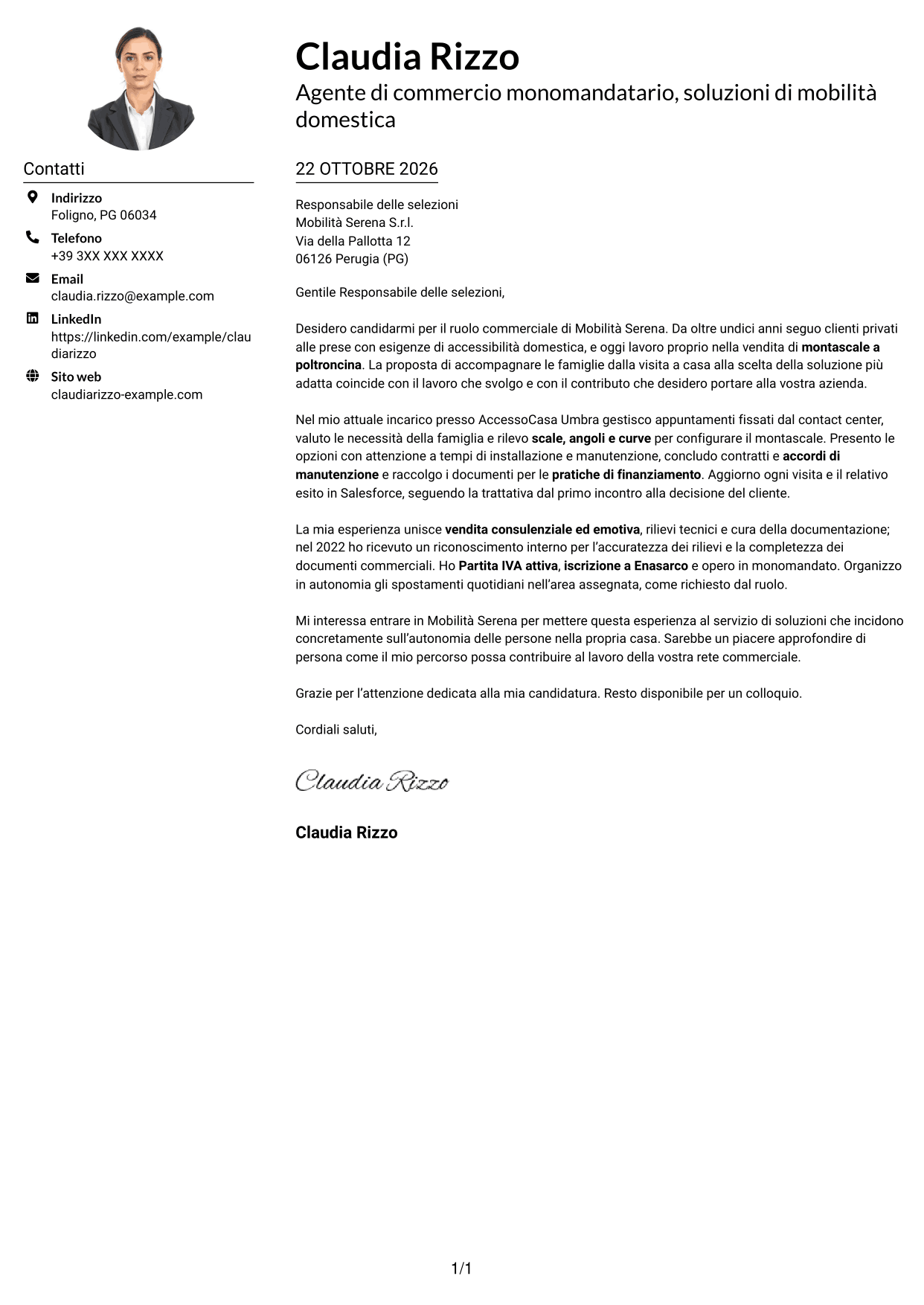 Esempio di lettera di presentazione — pagina 1