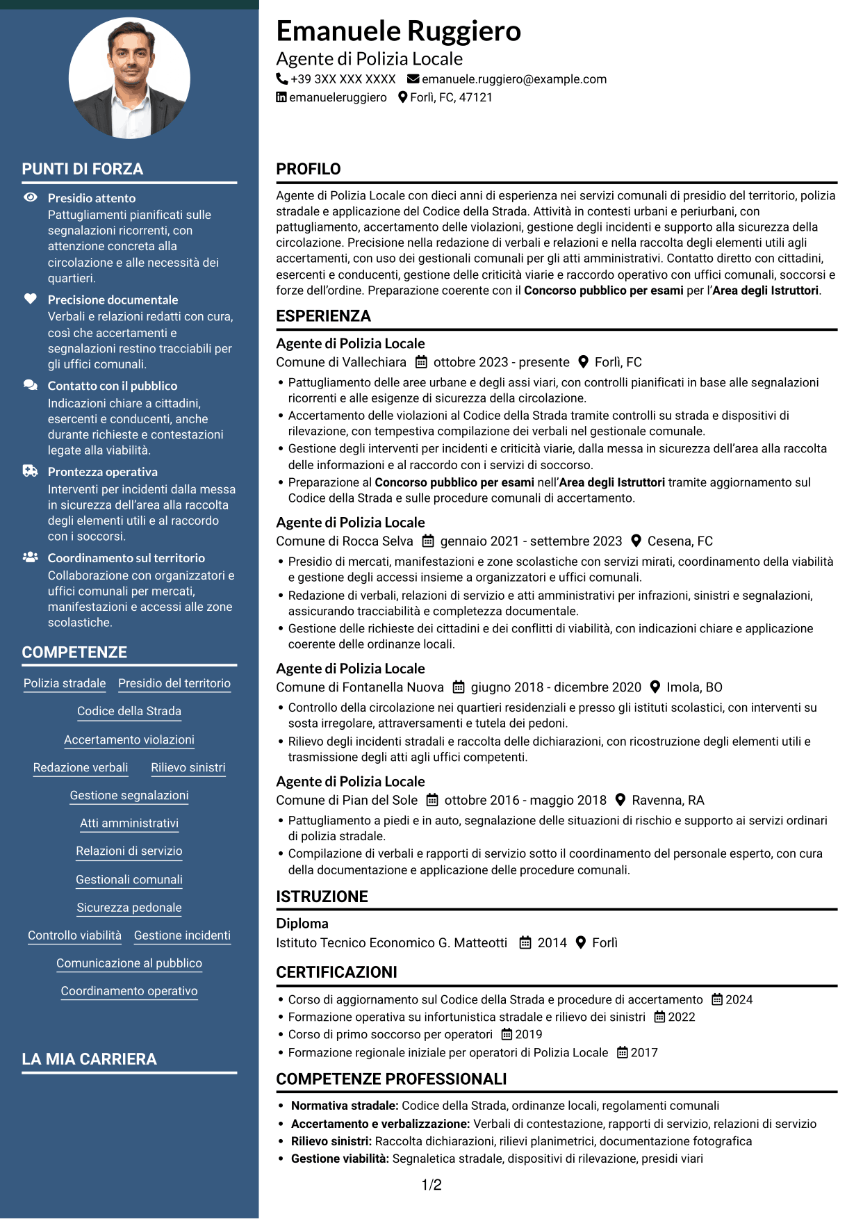 CV Elegante (formato con colonna laterale colorata e foto): Agente di Polizia Locale, pagina 1