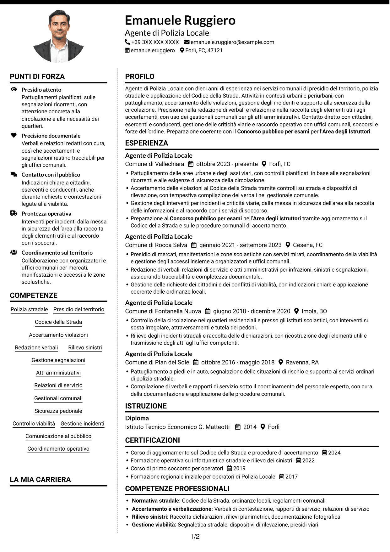 CV Moderno (formato a due colonne con foto a sinistra e separatore): Agente di Polizia Locale, pagina 1