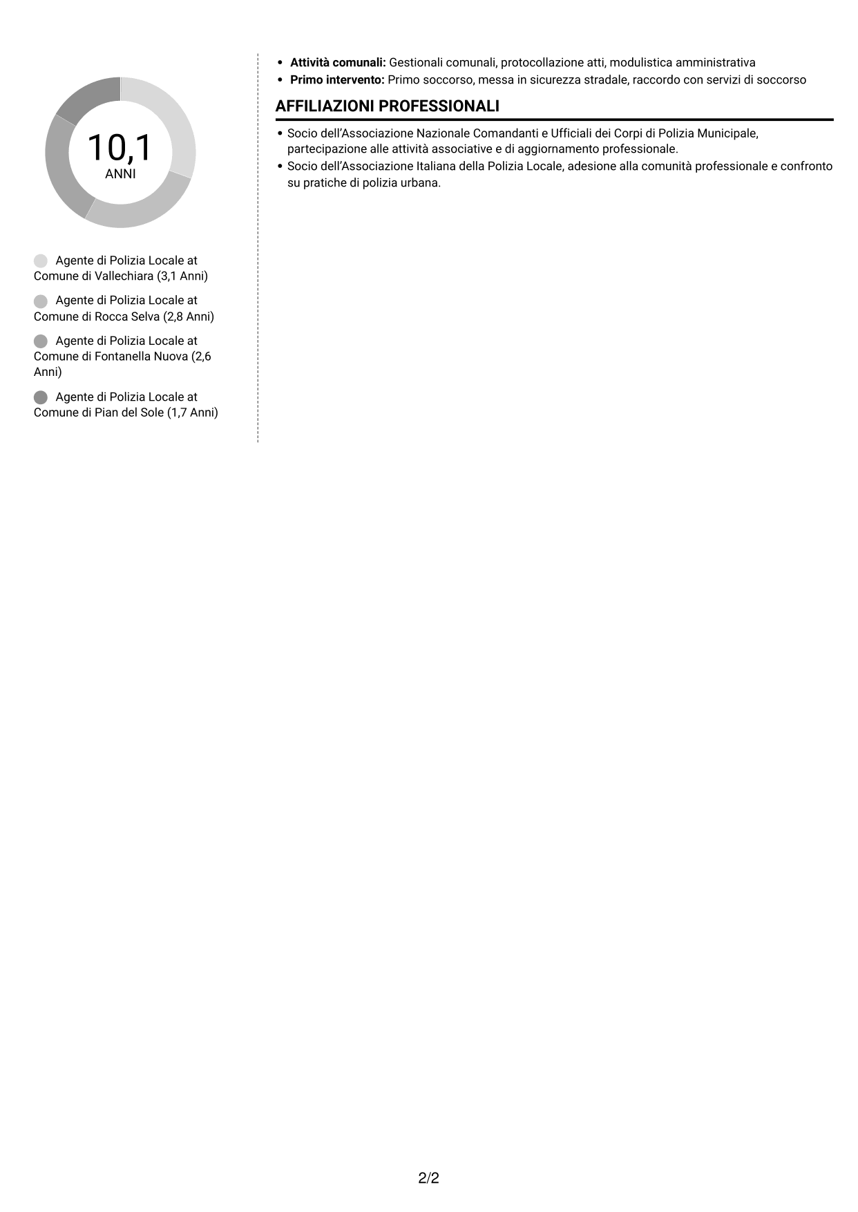 CV Moderno (formato a due colonne con foto a sinistra e separatore): Agente di Polizia Locale, pagina 2