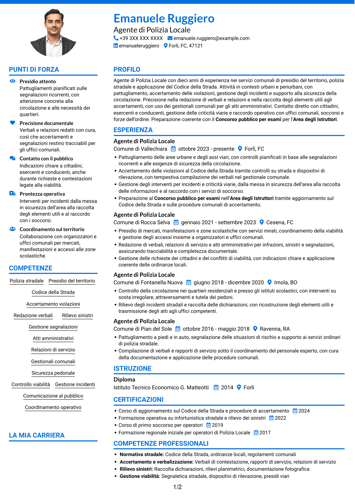 CV Audace (formato a due colonne con accenti colorati e foto): Agente di Polizia Locale, pagina 1