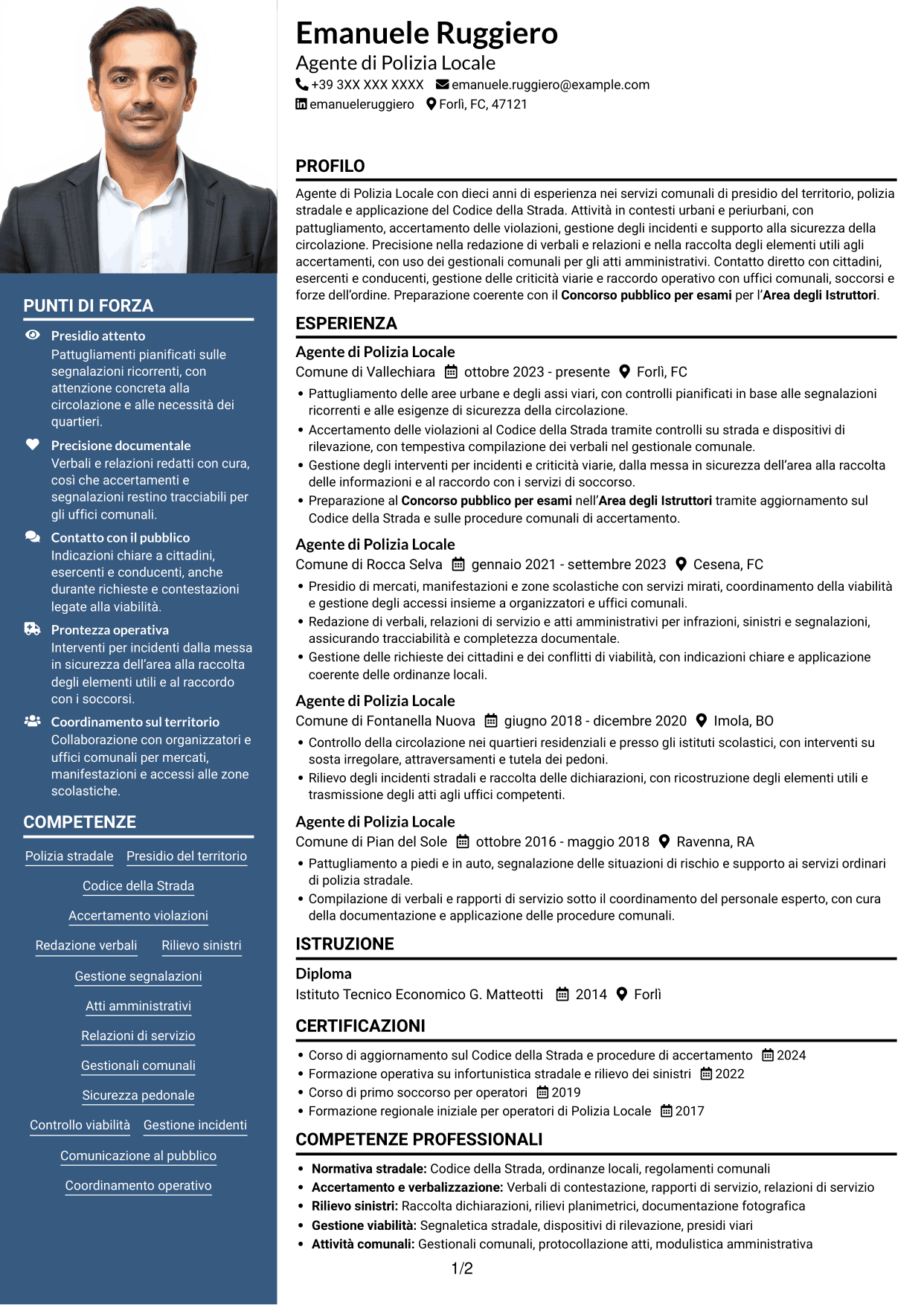 CV Signature (formato con colonna laterale colorata e foto grande): Agente di Polizia Locale, pagina 1