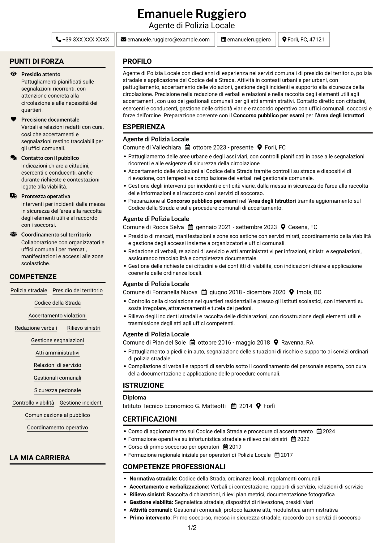 CV Intraprendente (formato a due colonne con intestazione centrata senza foto): Agente di Polizia Locale, pagina 1