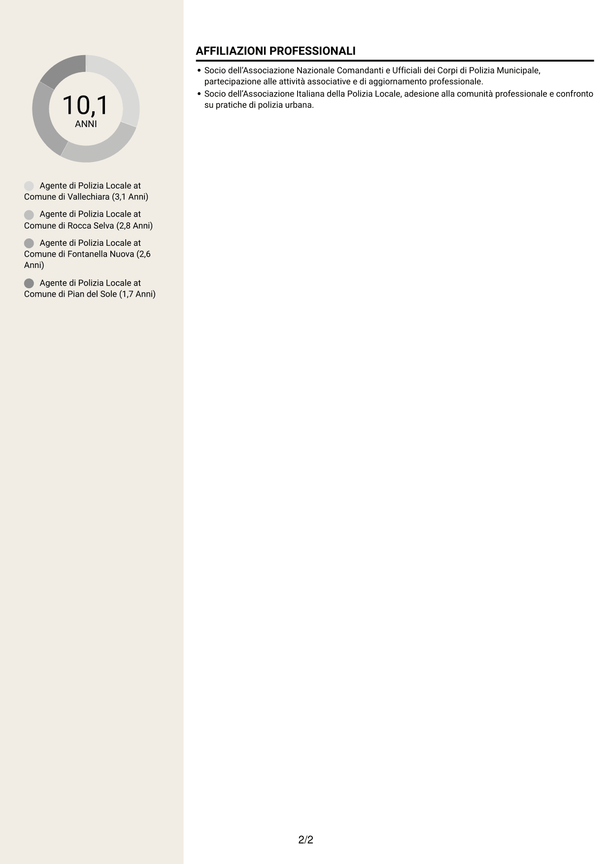 CV Intraprendente (formato a due colonne con intestazione centrata senza foto): Agente di Polizia Locale, pagina 2
