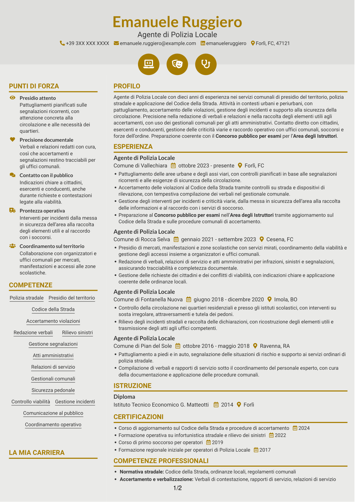 CV Dinamico (formato a due colonne con icone): Agente di Polizia Locale, pagina 1