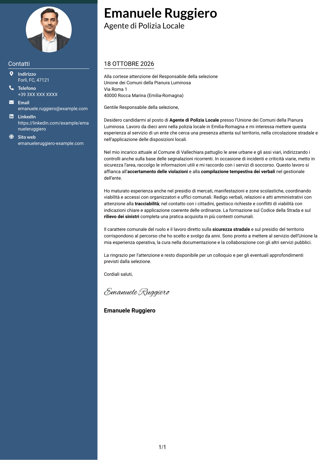 Lettera di presentazione Elegante (formato con colonna laterale colorata e foto): Agente di Polizia Locale, pagina 1