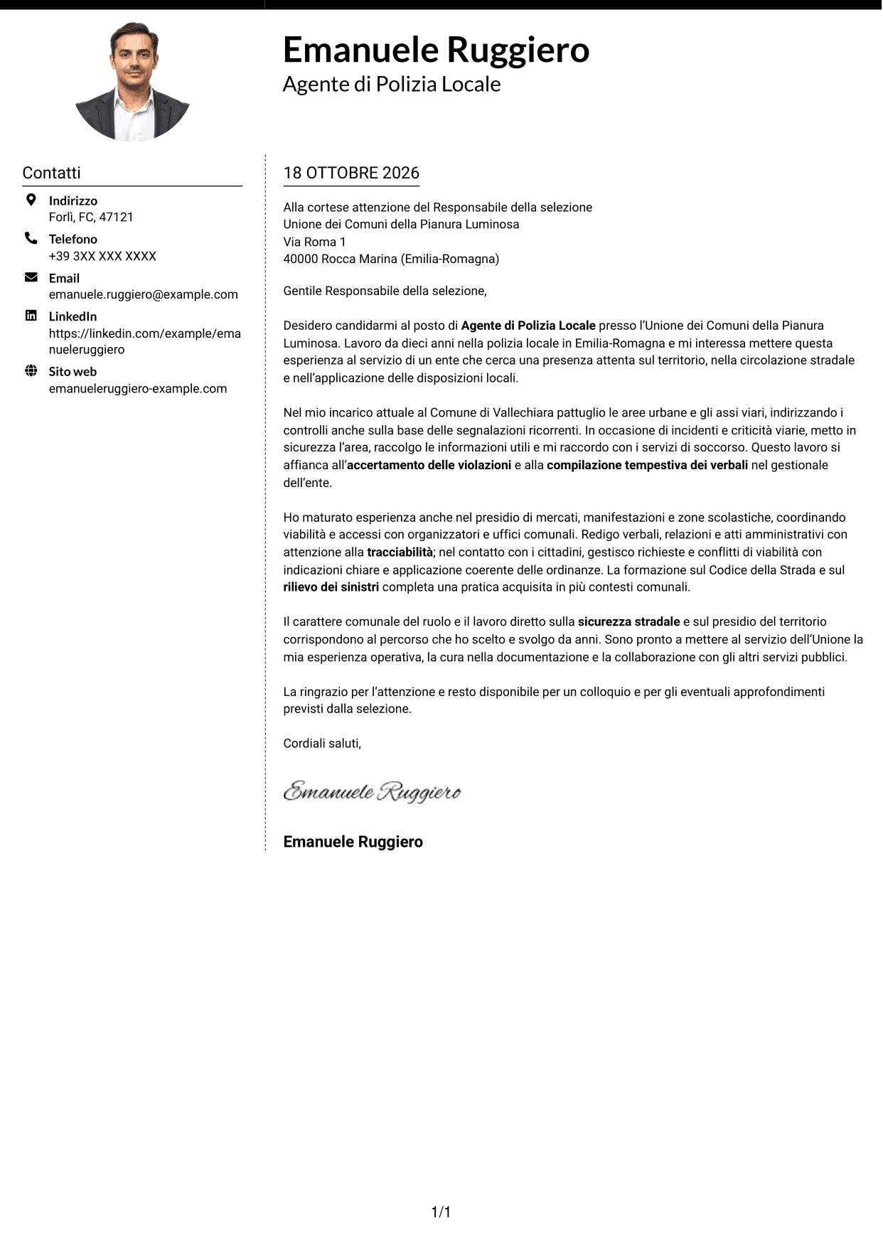 Lettera di presentazione Moderno (formato a due colonne con foto a sinistra e separatore): Agente di Polizia Locale, pagina 1
