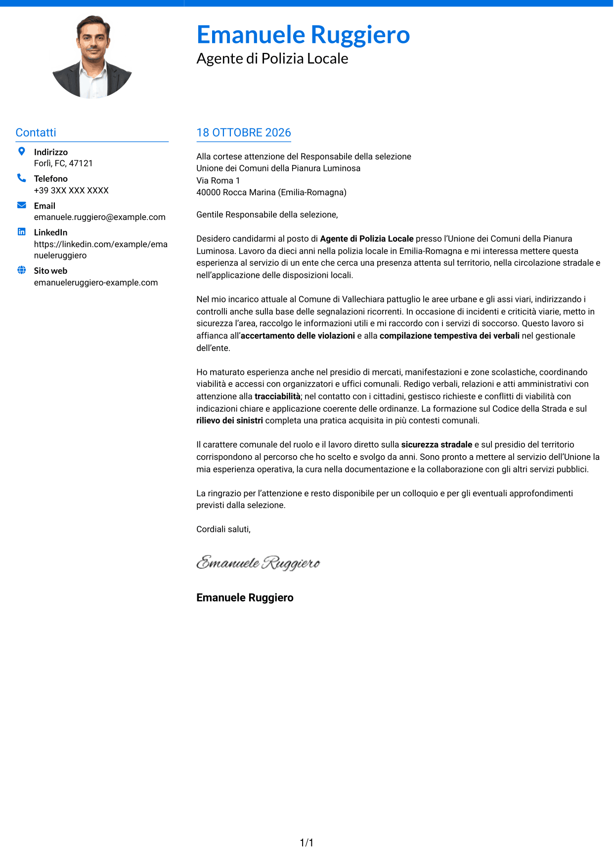 Lettera di presentazione Audace (formato a due colonne con accenti colorati e foto): Agente di Polizia Locale, pagina 1