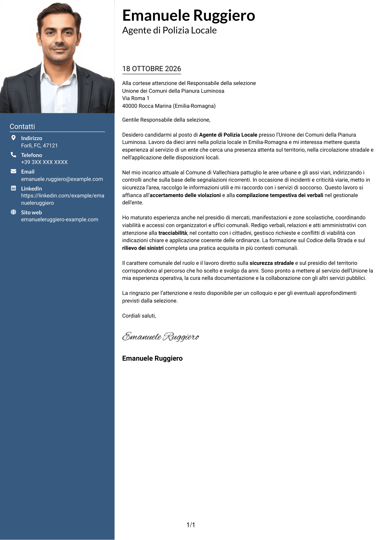 Lettera di presentazione Signature (formato con colonna laterale colorata e foto grande): Agente di Polizia Locale, pagina 1