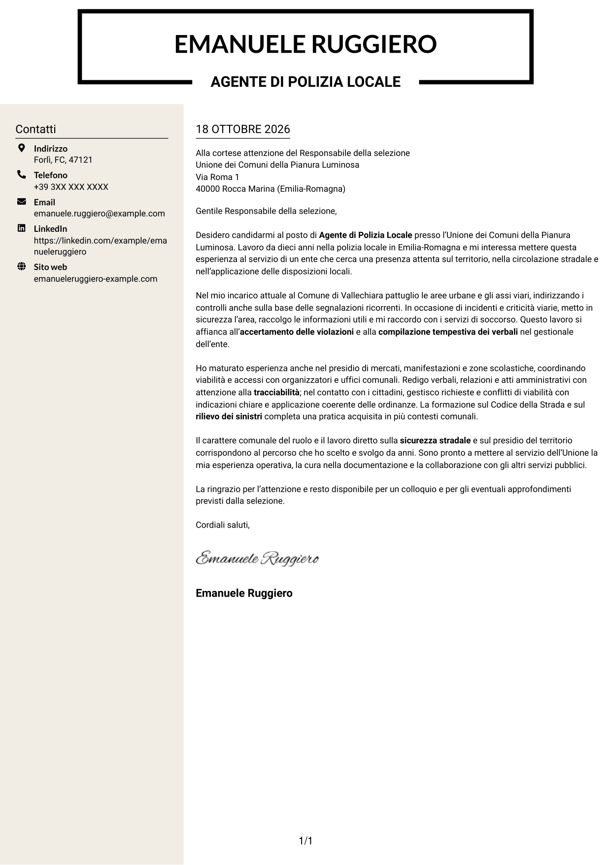 Lettera di presentazione Intraprendente (formato a due colonne con intestazione centrata senza foto): Agente di Polizia Locale, pagina 1
