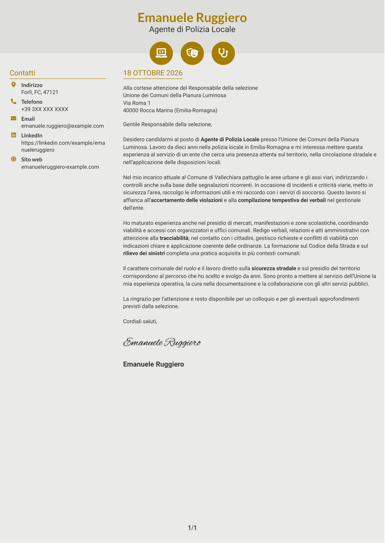 Lettera di presentazione Dinamico (formato a due colonne con icone): Agente di Polizia Locale, pagina 1