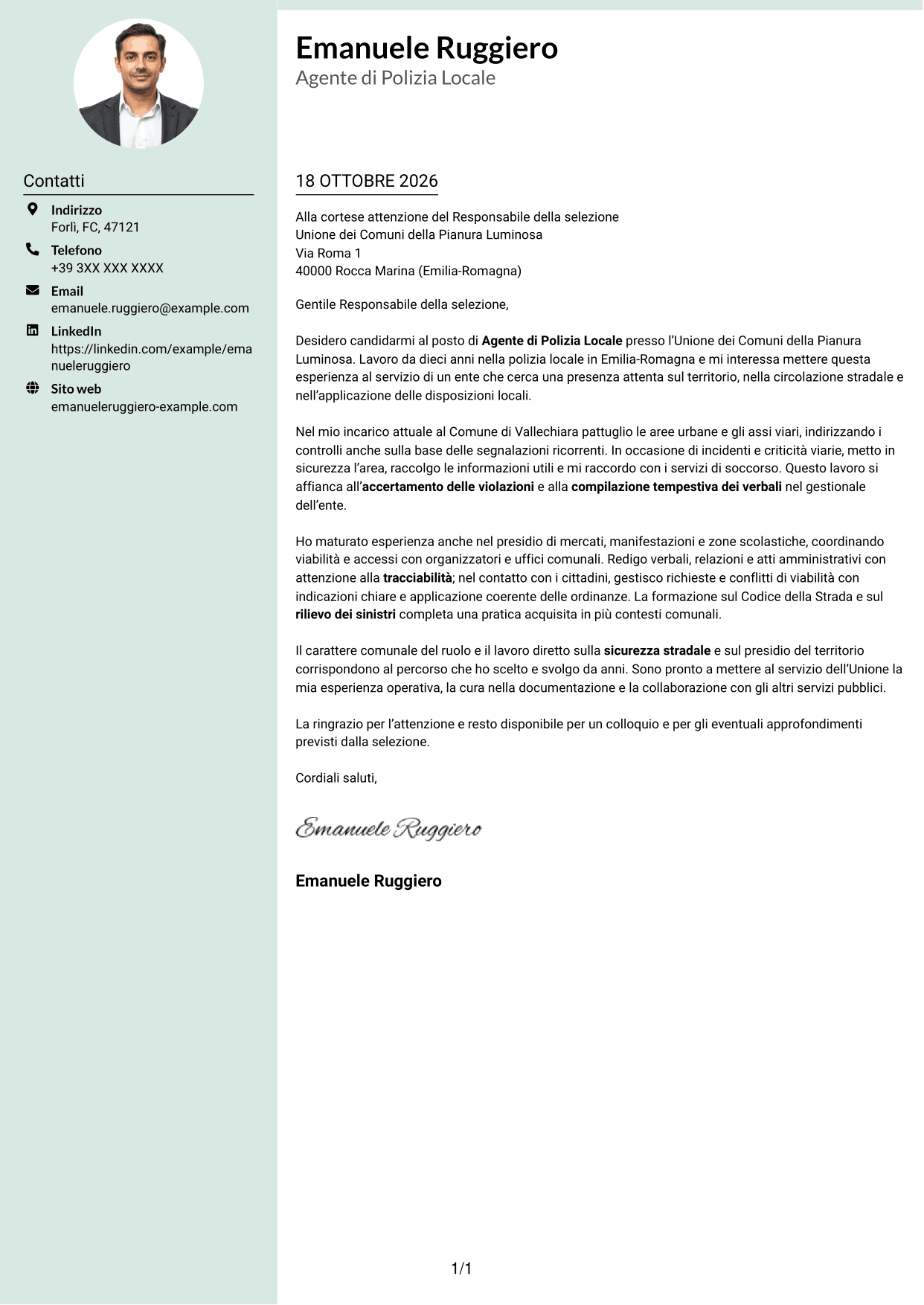 Lettera di presentazione Dirigente (formato con colonna laterale tenue e foto arrotondata): Agente di Polizia Locale, pagina 1