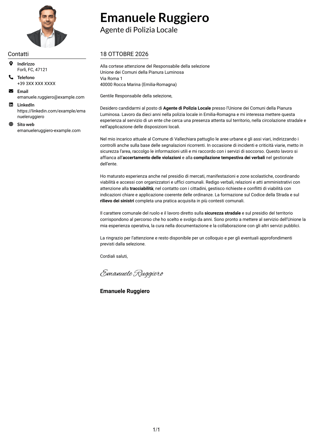 Esempio di lettera di presentazione — pagina 1