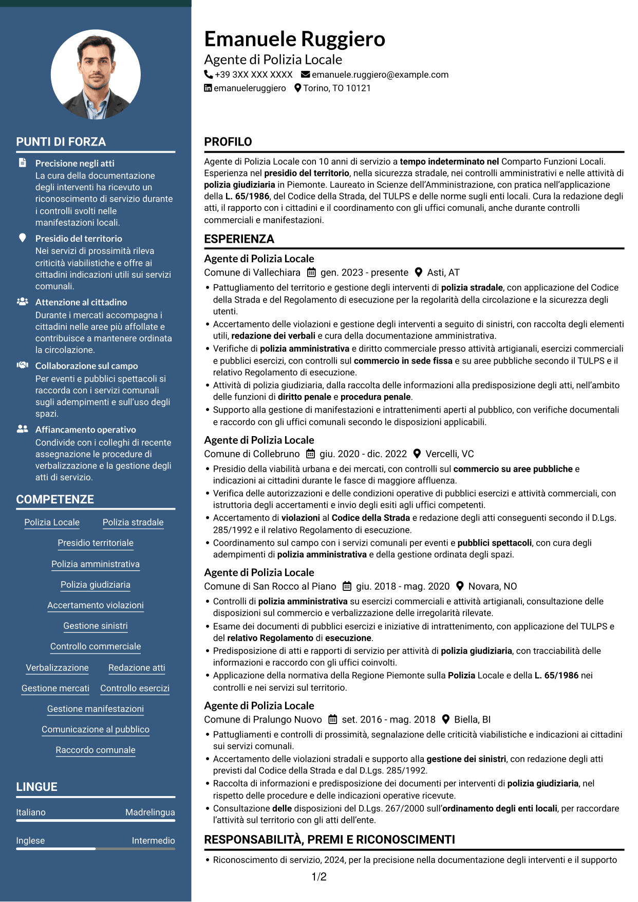 CV Elegante (formato con colonna laterale colorata e foto): Agente di Polizia Locale - Sicurezza stradale e polizia amministrativa, pagina 1