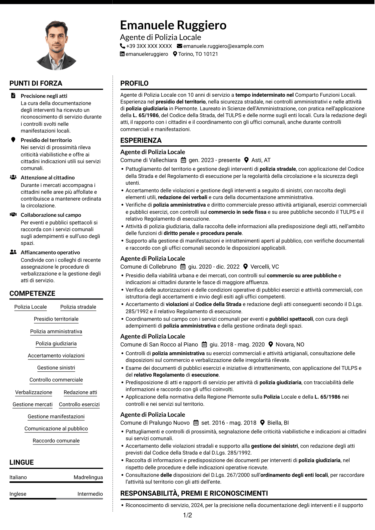 CV Moderno (formato a due colonne con foto a sinistra e separatore): Agente di Polizia Locale - Sicurezza stradale e polizia amministrativa, pagina 1