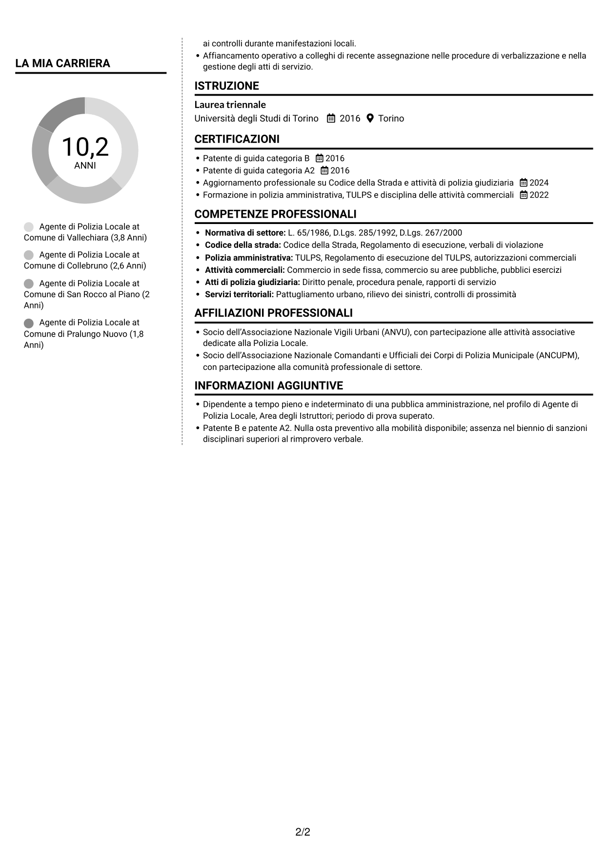 CV Moderno (formato a due colonne con foto a sinistra e separatore): Agente di Polizia Locale - Sicurezza stradale e polizia amministrativa, pagina 2