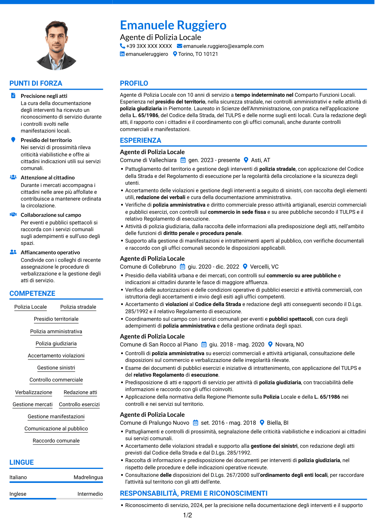 CV Audace (formato a due colonne con accenti colorati e foto): Agente di Polizia Locale - Sicurezza stradale e polizia amministrativa, pagina 1
