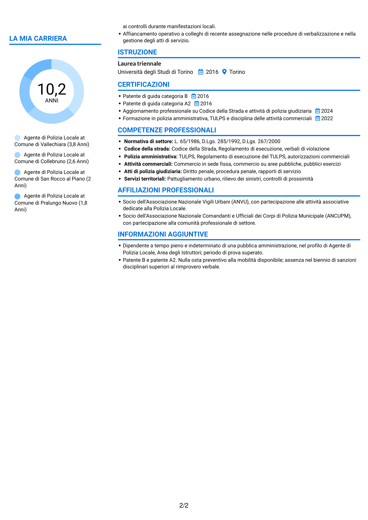 CV Audace (formato a due colonne con accenti colorati e foto): Agente di Polizia Locale - Sicurezza stradale e polizia amministrativa, pagina 2