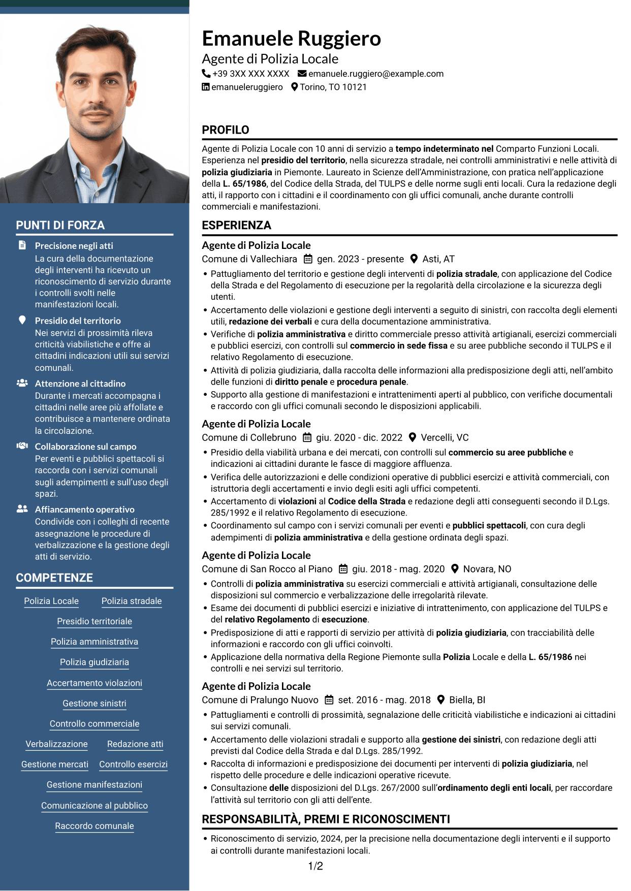 CV Signature (formato con colonna laterale colorata e foto grande): Agente di Polizia Locale - Sicurezza stradale e polizia amministrativa, pagina 1