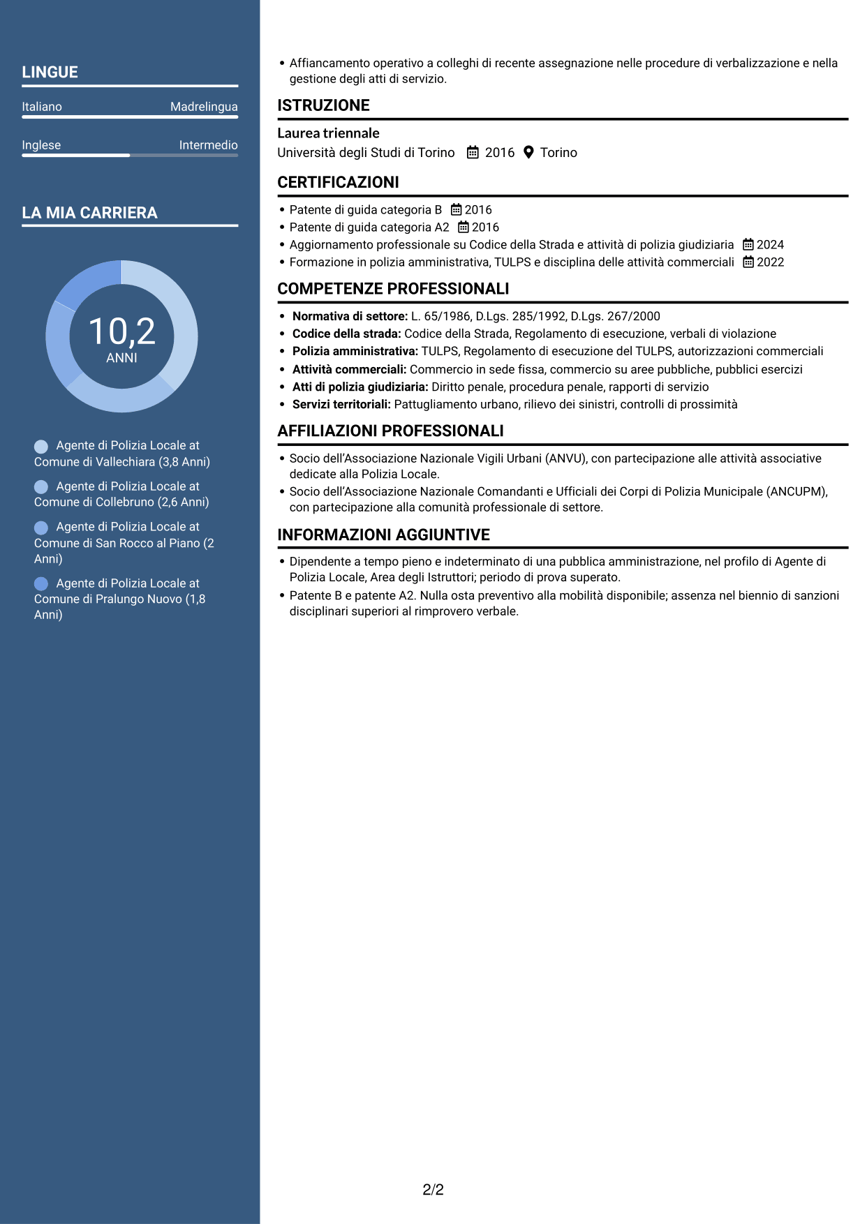 CV Signature (formato con colonna laterale colorata e foto grande): Agente di Polizia Locale - Sicurezza stradale e polizia amministrativa, pagina 2