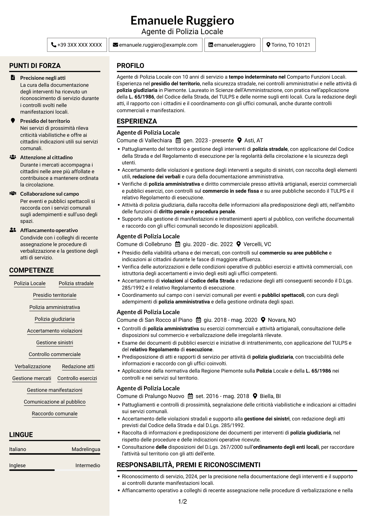 CV Intraprendente (formato a due colonne con intestazione centrata senza foto): Agente di Polizia Locale - Sicurezza stradale e polizia amministrativa, pagina 1