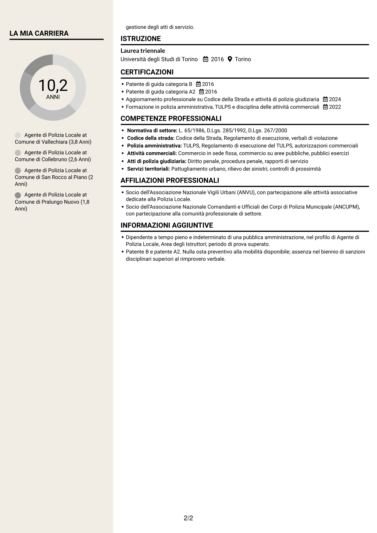 CV Intraprendente (formato a due colonne con intestazione centrata senza foto): Agente di Polizia Locale - Sicurezza stradale e polizia amministrativa, pagina 2