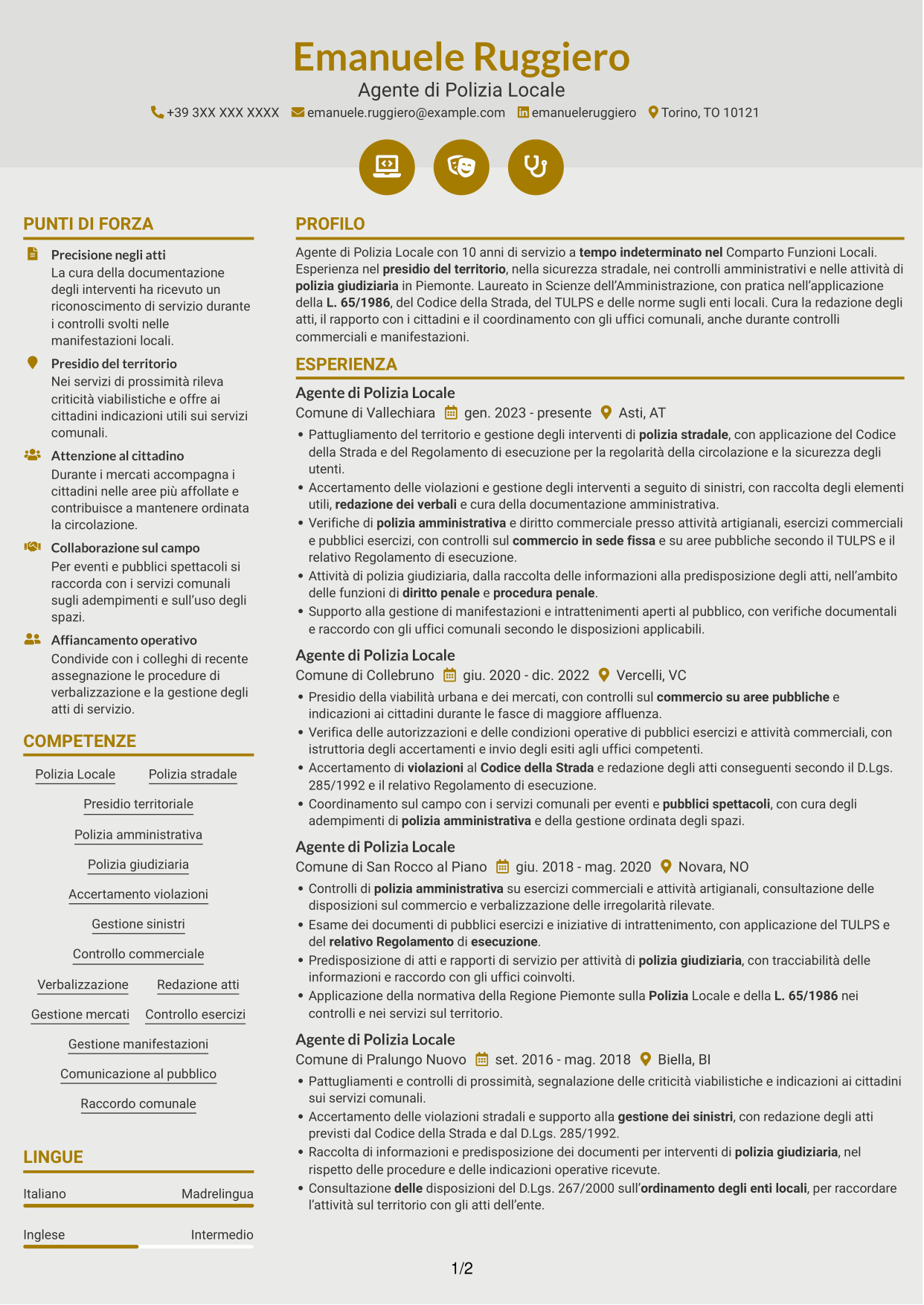 CV Dinamico (formato a due colonne con icone): Agente di Polizia Locale - Sicurezza stradale e polizia amministrativa, pagina 1