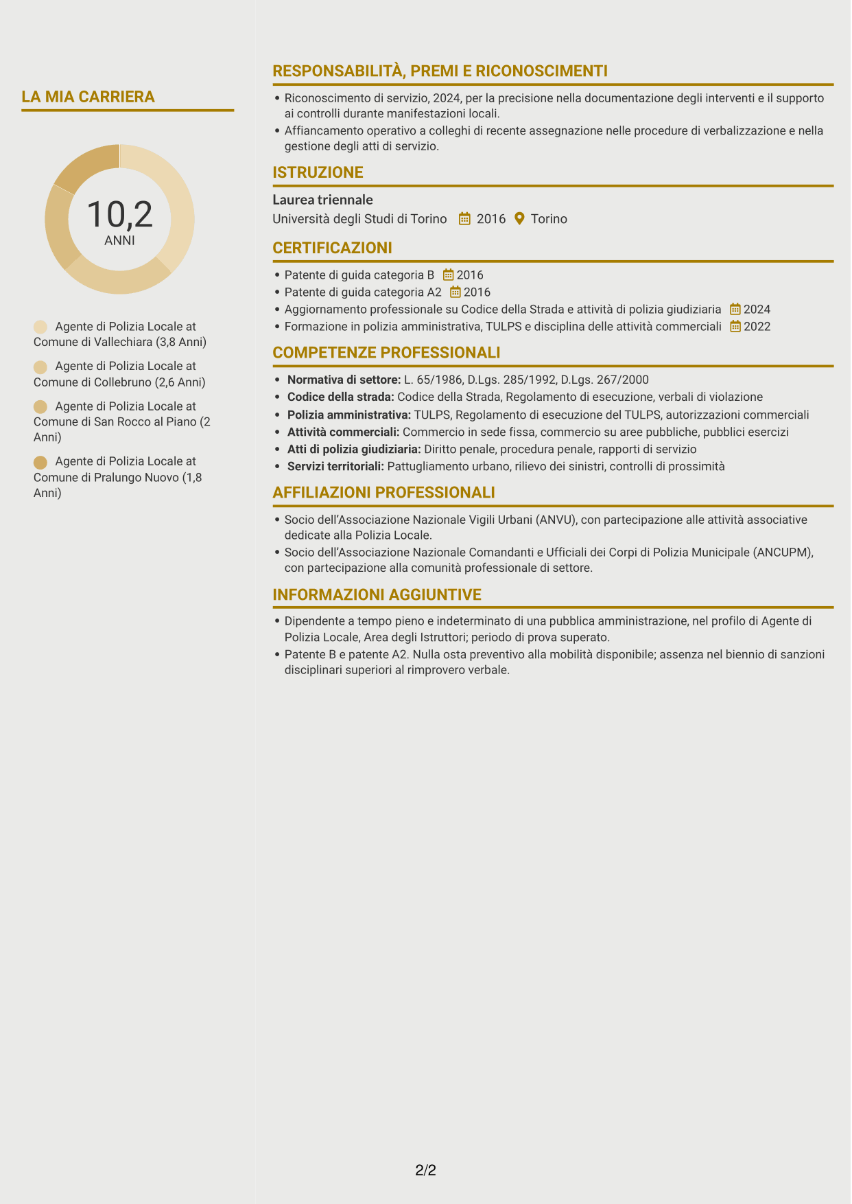 CV Dinamico (formato a due colonne con icone): Agente di Polizia Locale - Sicurezza stradale e polizia amministrativa, pagina 2