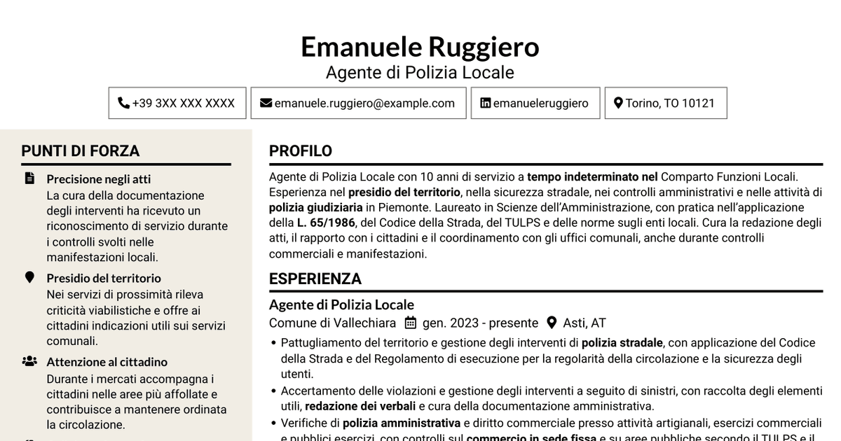 7 modelli di CV per Agente di Polizia Locale - Sicurezza stradale e polizia amministrativa, con esempi