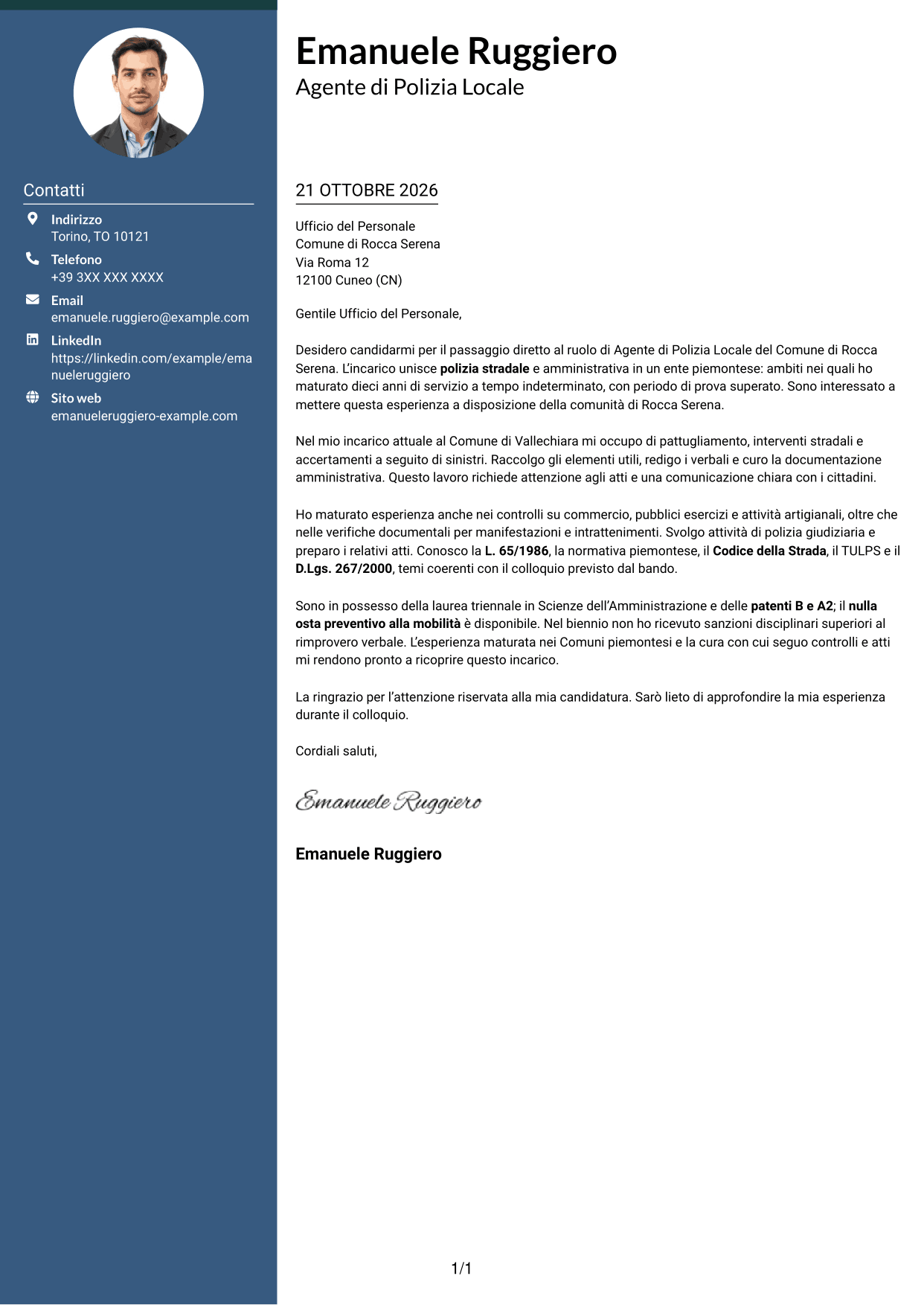 Lettera di presentazione Elegante (formato con colonna laterale colorata e foto): Agente di Polizia Locale - Sicurezza stradale e polizia amministrativa, pagina 1