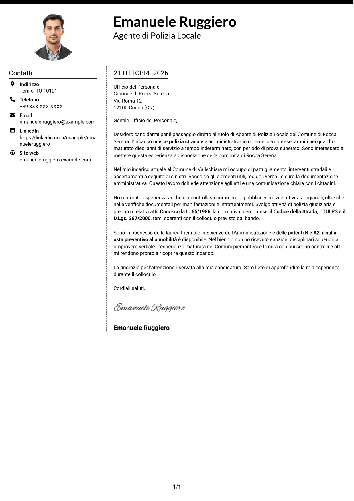 Lettera di presentazione Moderno (formato a due colonne con foto a sinistra e separatore): Agente di Polizia Locale - Sicurezza stradale e polizia amministrativa, pagina 1