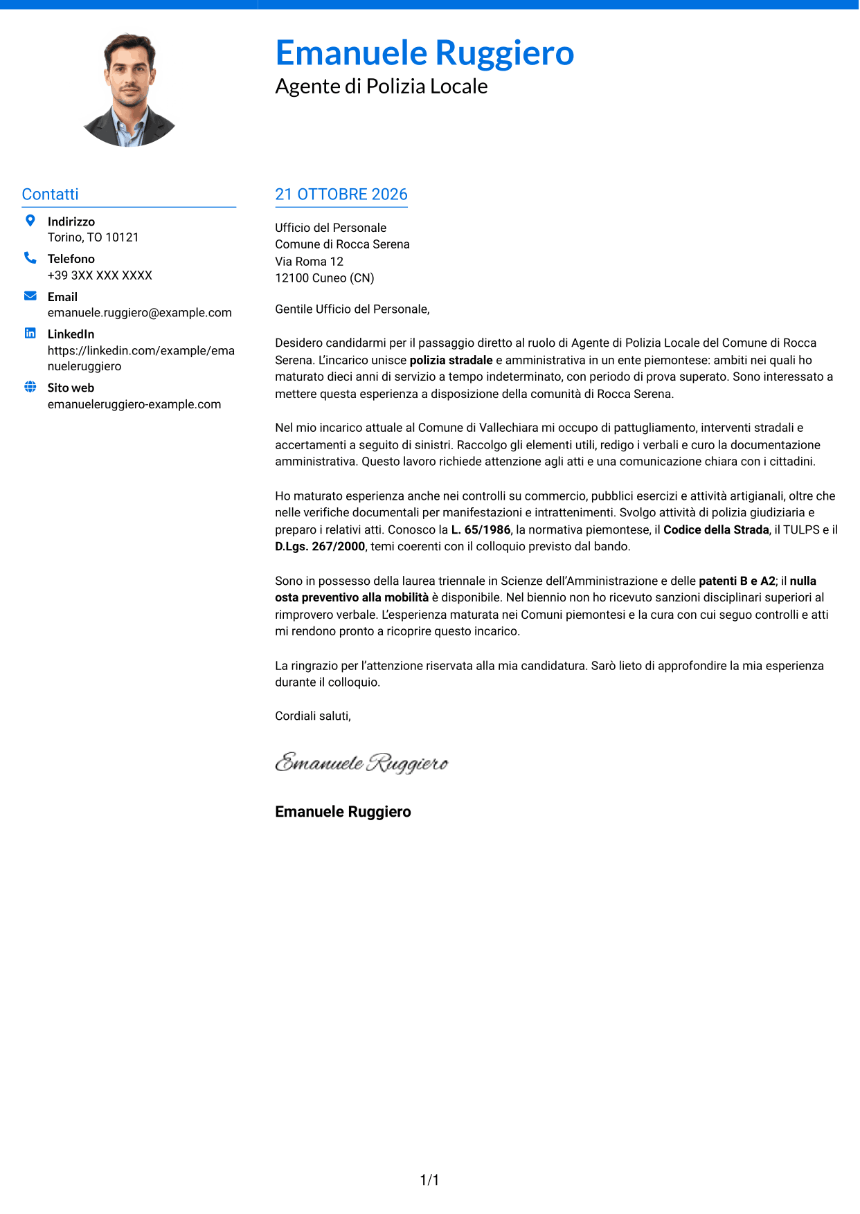 Lettera di presentazione Audace (formato a due colonne con accenti colorati e foto): Agente di Polizia Locale - Sicurezza stradale e polizia amministrativa, pagina 1