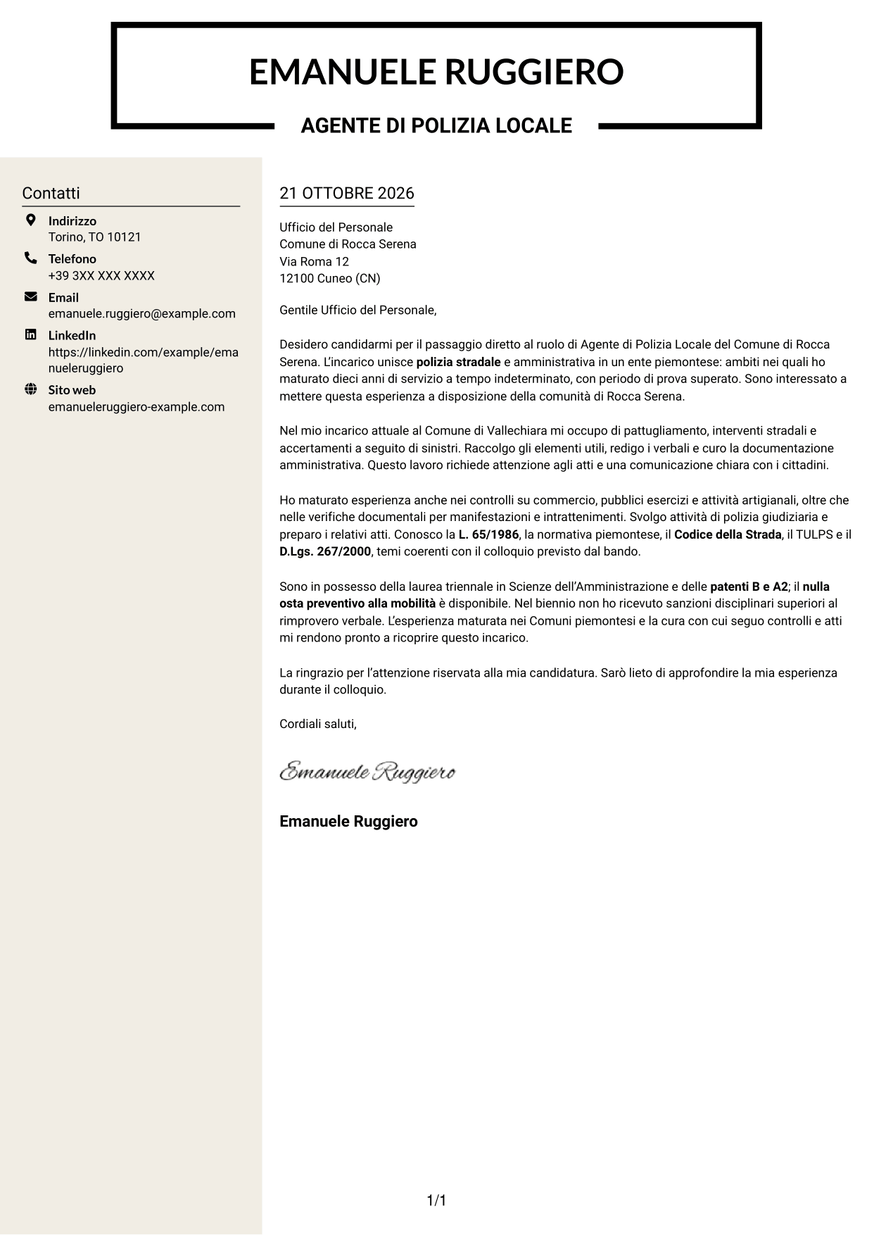 Lettera di presentazione Intraprendente (formato a due colonne con intestazione centrata senza foto): Agente di Polizia Locale - Sicurezza stradale e polizia amministrativa, pagina 1