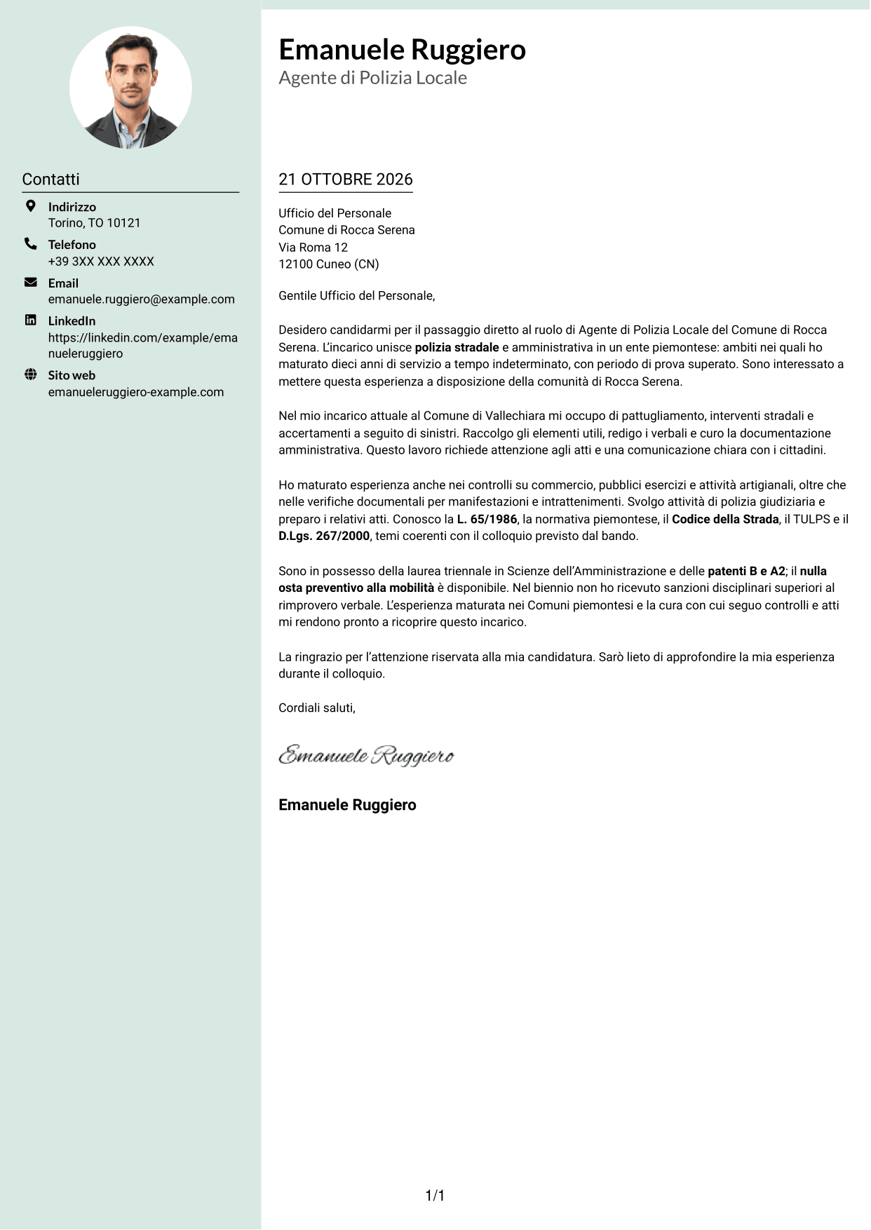 Lettera di presentazione Dirigente (formato con colonna laterale tenue e foto arrotondata): Agente di Polizia Locale - Sicurezza stradale e polizia amministrativa, pagina 1