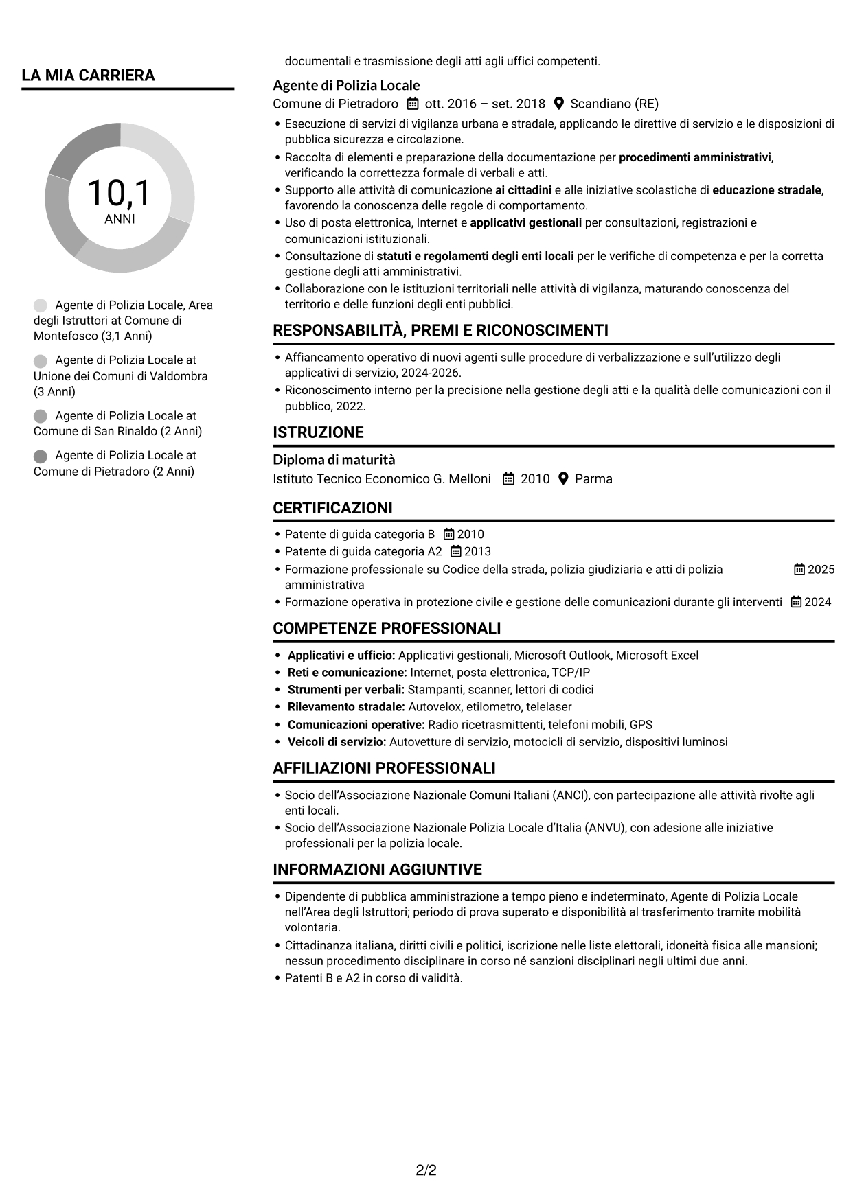 CV Compatto (formato sobrio a due colonne con foto): Agente di Polizia Locale - Vigilanza e procedimenti sanzionatori, pagina 2