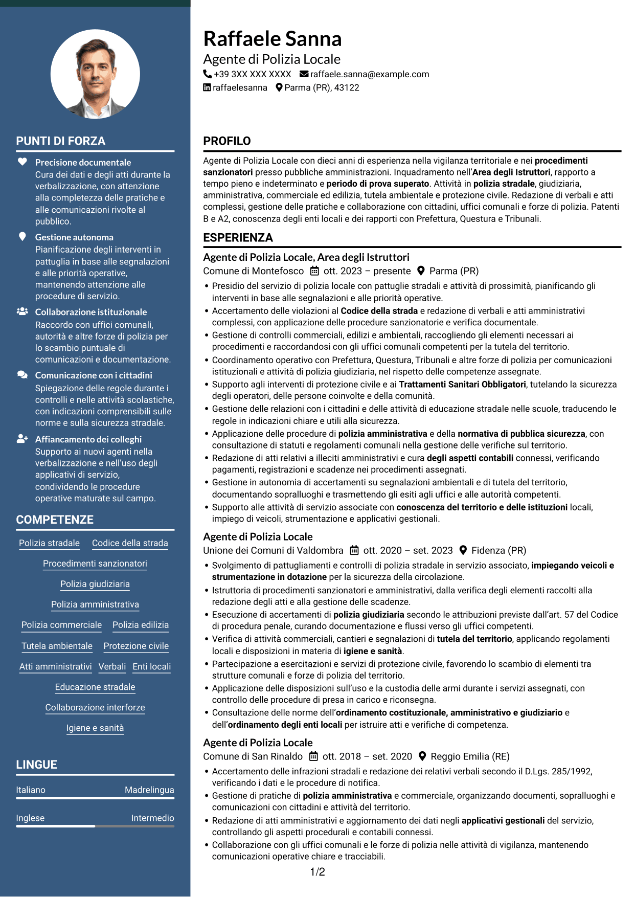 CV Elegante (formato con colonna laterale colorata e foto): Agente di Polizia Locale - Vigilanza e procedimenti sanzionatori, pagina 1