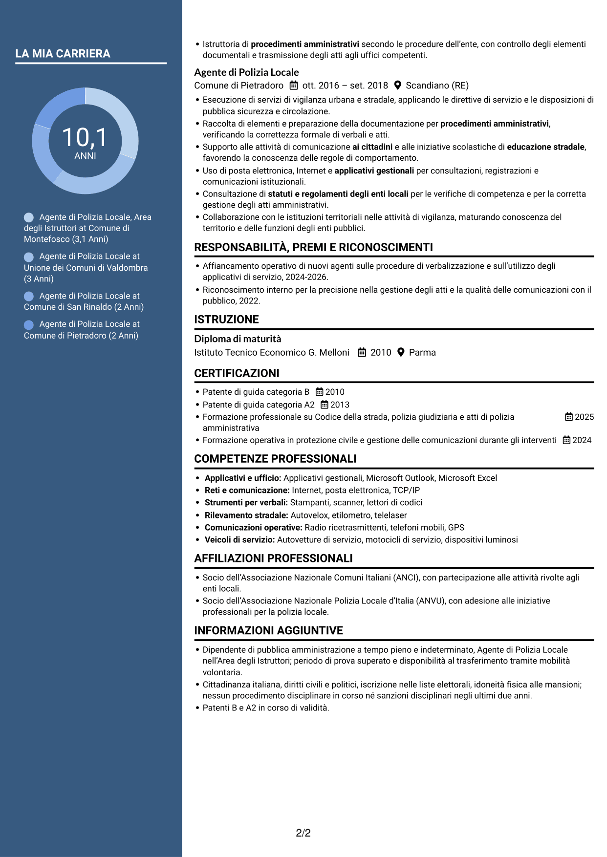 CV Elegante (formato con colonna laterale colorata e foto): Agente di Polizia Locale - Vigilanza e procedimenti sanzionatori, pagina 2