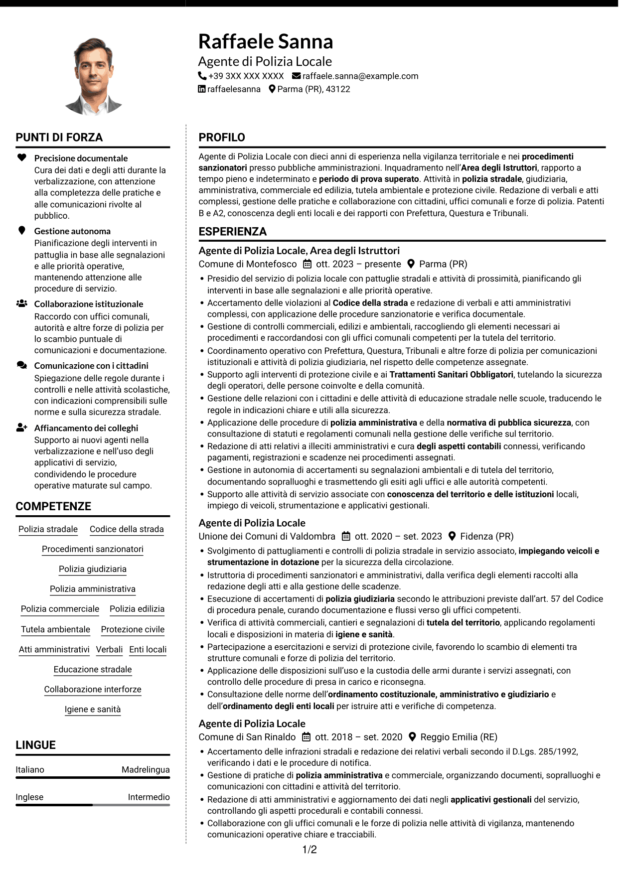 CV Moderno (formato a due colonne con foto a sinistra e separatore): Agente di Polizia Locale - Vigilanza e procedimenti sanzionatori, pagina 1