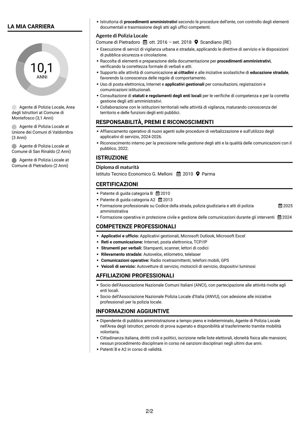 CV Moderno (formato a due colonne con foto a sinistra e separatore): Agente di Polizia Locale - Vigilanza e procedimenti sanzionatori, pagina 2