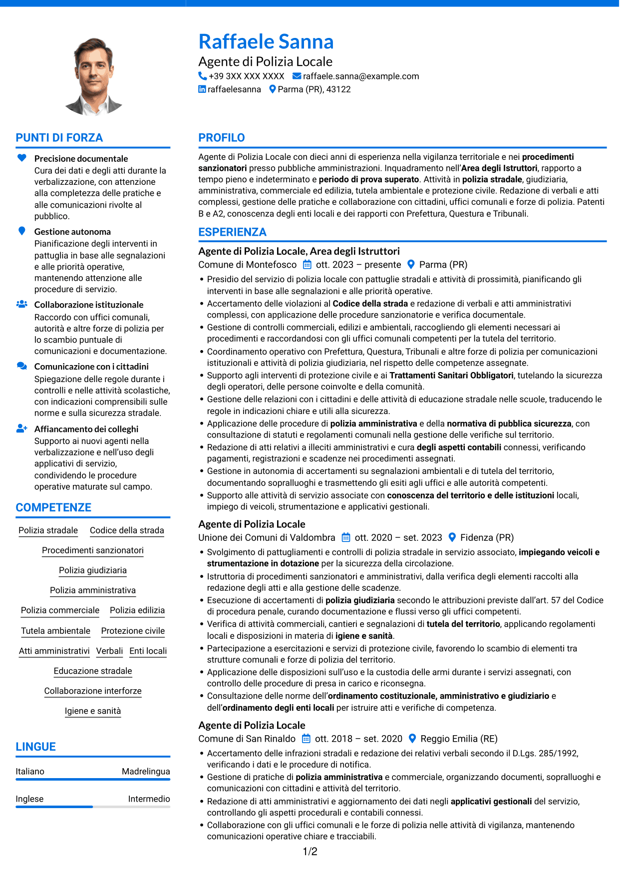 CV Audace (formato a due colonne con accenti colorati e foto): Agente di Polizia Locale - Vigilanza e procedimenti sanzionatori, pagina 1