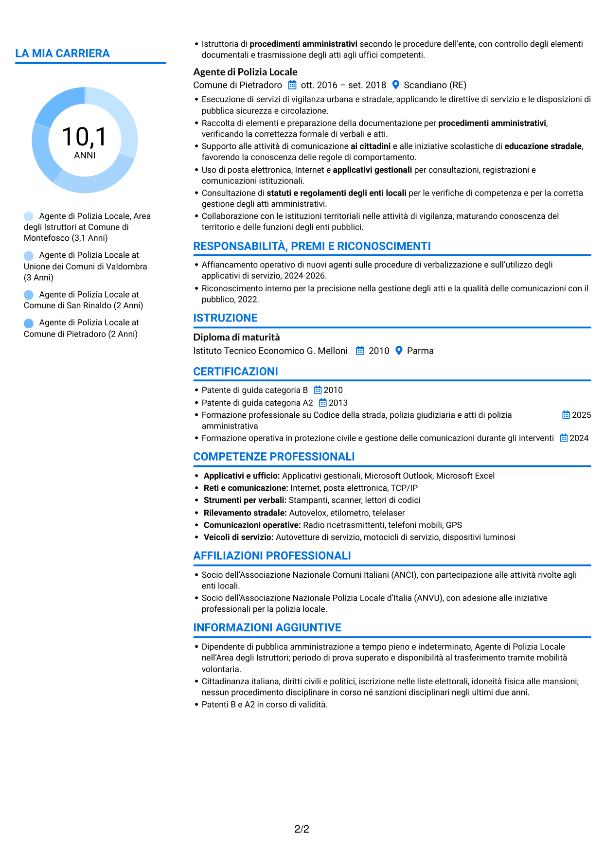 CV Audace (formato a due colonne con accenti colorati e foto): Agente di Polizia Locale - Vigilanza e procedimenti sanzionatori, pagina 2