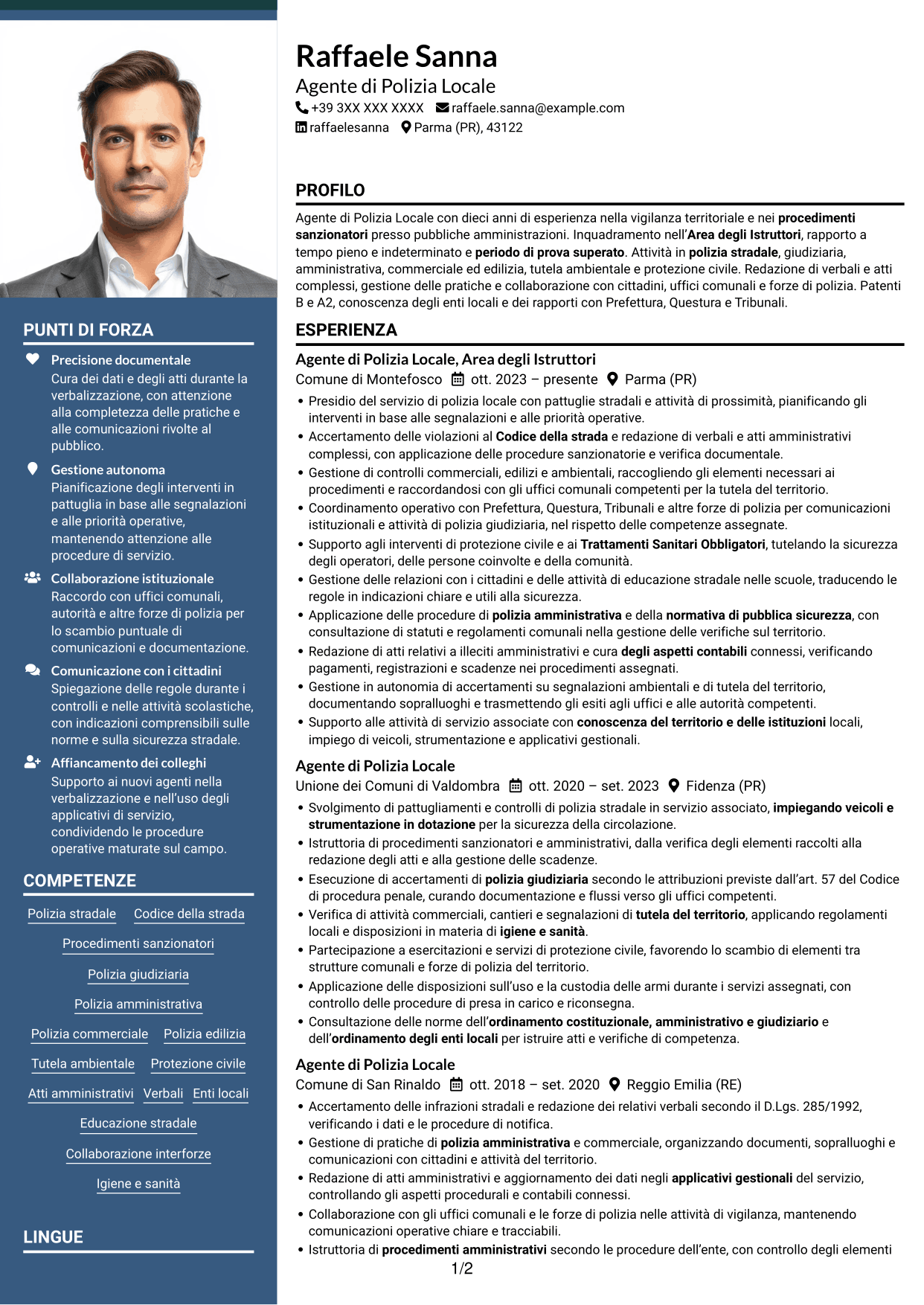 CV Signature (formato con colonna laterale colorata e foto grande): Agente di Polizia Locale - Vigilanza e procedimenti sanzionatori, pagina 1