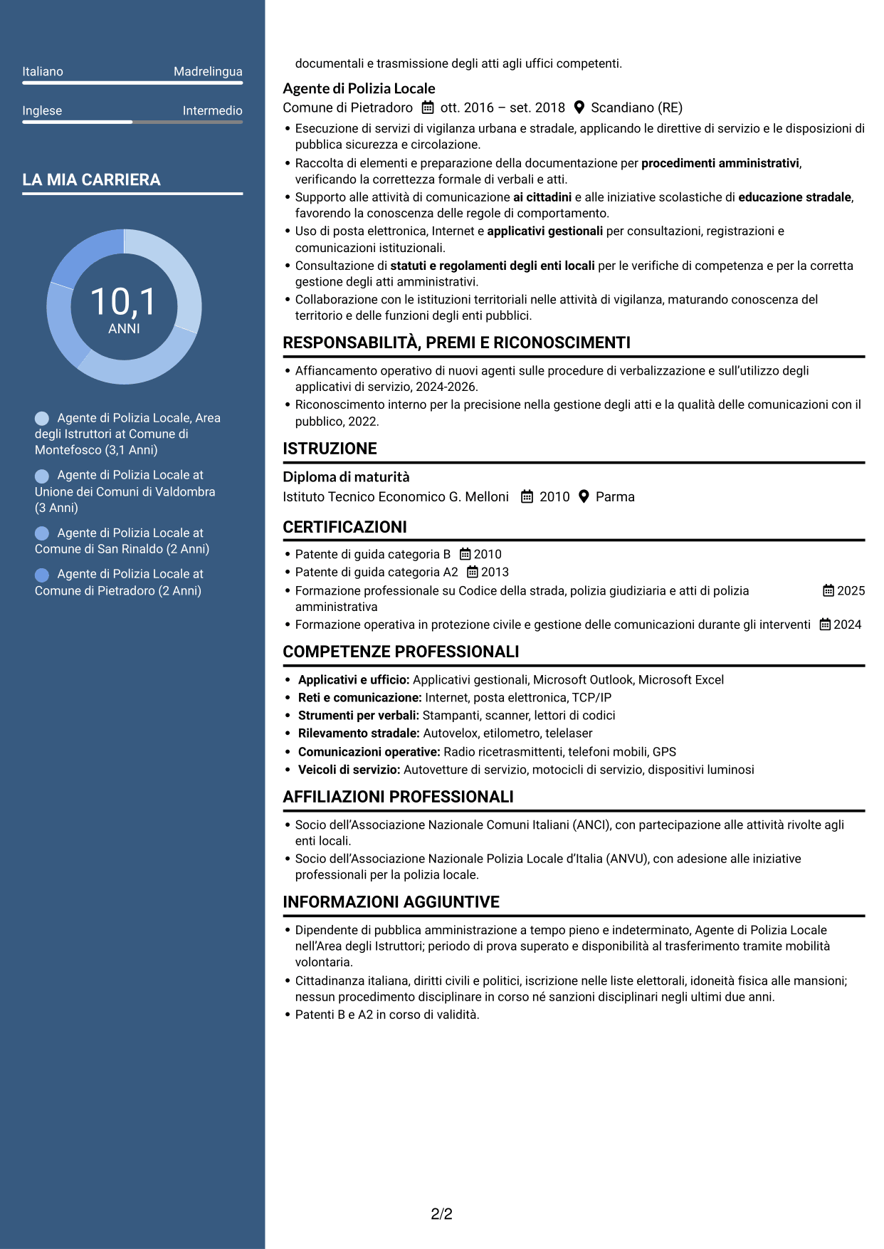 CV Signature (formato con colonna laterale colorata e foto grande): Agente di Polizia Locale - Vigilanza e procedimenti sanzionatori, pagina 2
