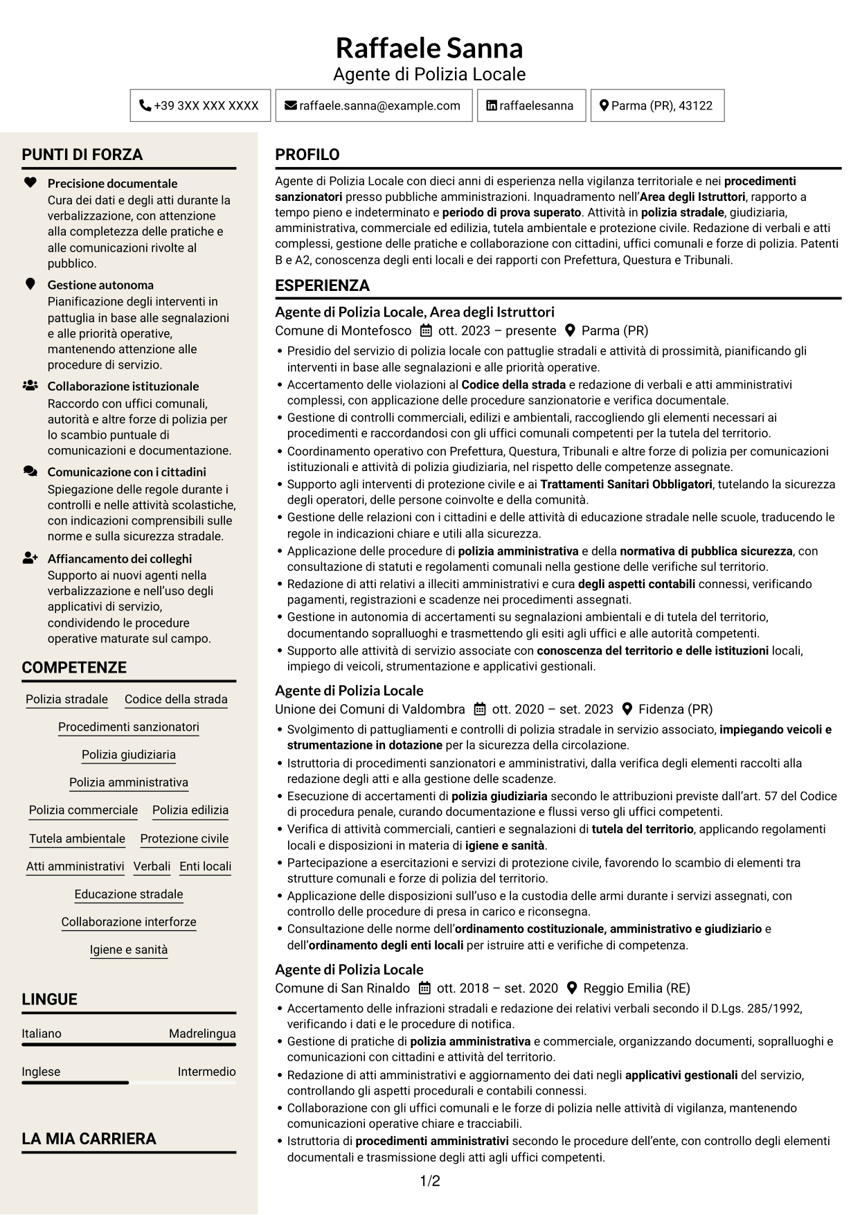 CV Intraprendente (formato a due colonne con intestazione centrata senza foto): Agente di Polizia Locale - Vigilanza e procedimenti sanzionatori, pagina 1