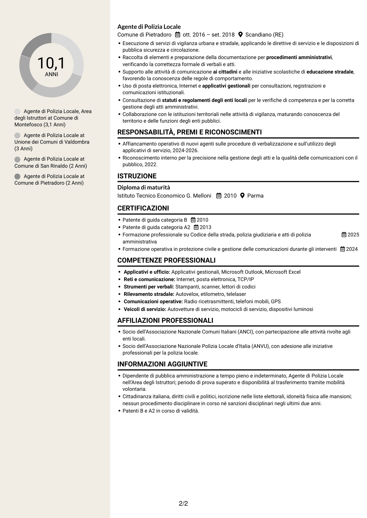 CV Intraprendente (formato a due colonne con intestazione centrata senza foto): Agente di Polizia Locale - Vigilanza e procedimenti sanzionatori, pagina 2