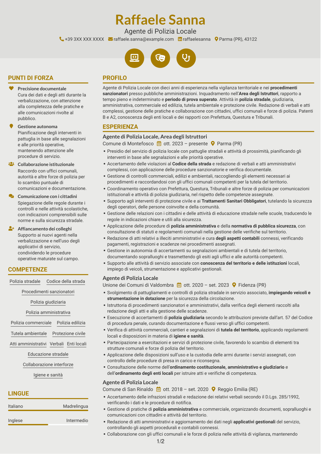 CV Dinamico (formato a due colonne con icone): Agente di Polizia Locale - Vigilanza e procedimenti sanzionatori, pagina 1
