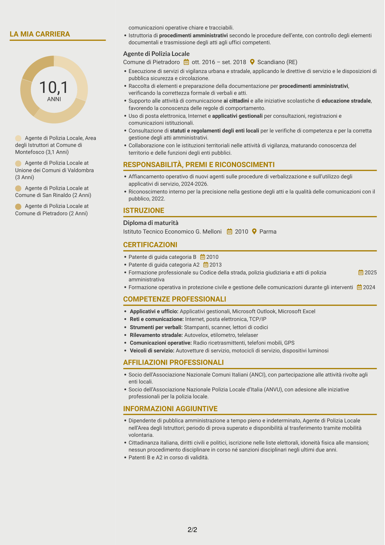 CV Dinamico (formato a due colonne con icone): Agente di Polizia Locale - Vigilanza e procedimenti sanzionatori, pagina 2