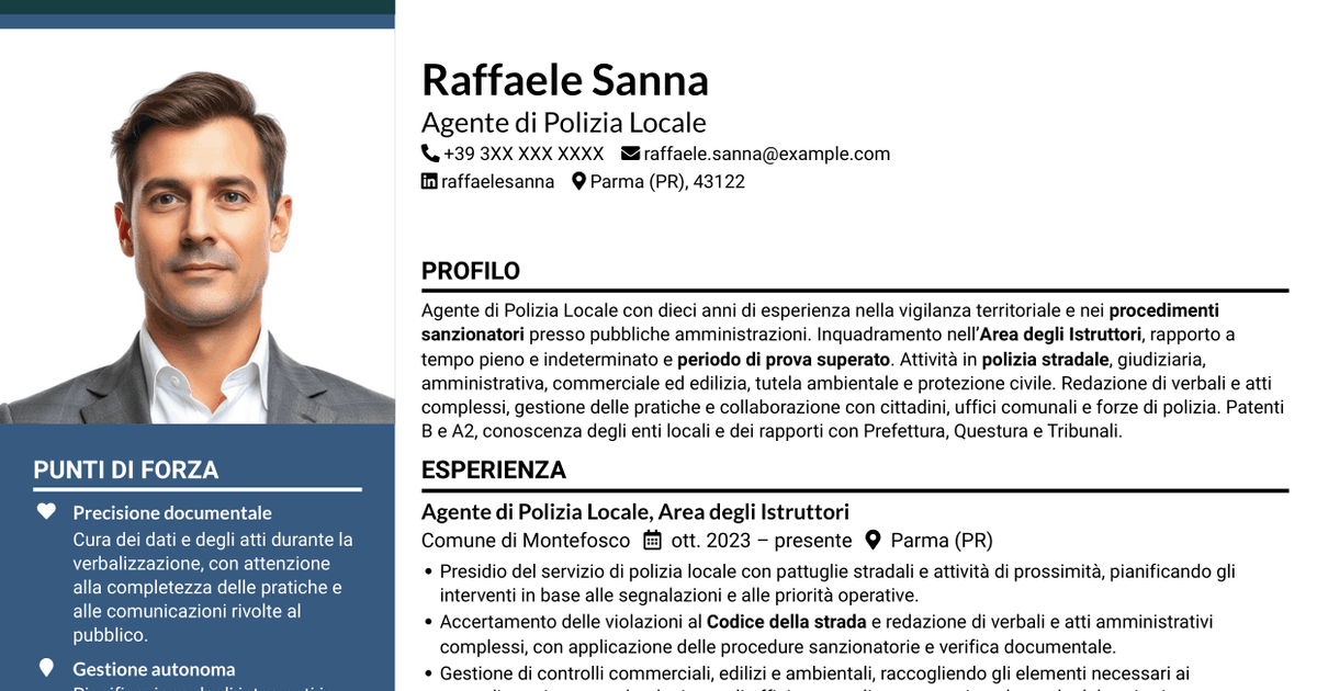 7 modelli di CV per Agente di Polizia Locale - Vigilanza e procedimenti sanzionatori, con esempi