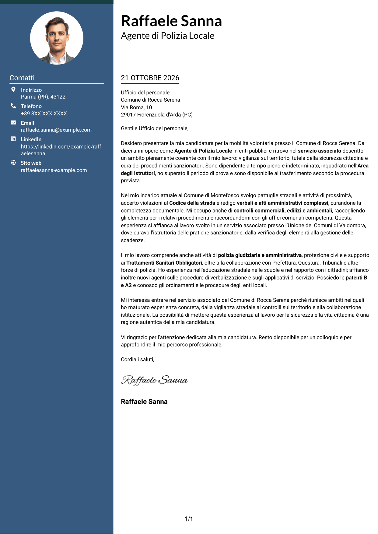 Lettera di presentazione Elegante (formato con colonna laterale colorata e foto): Agente di Polizia Locale - Vigilanza e procedimenti sanzionatori, pagina 1